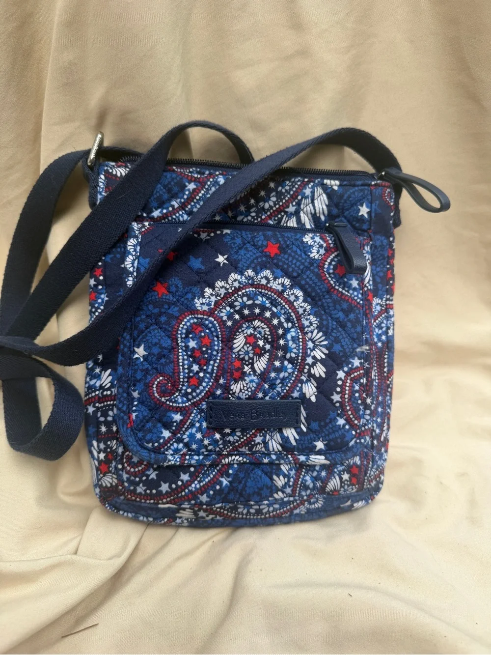 Vera Bradley Blue Paisley Quilted Crossbody with Red & White Stars - Picture 1 of 3